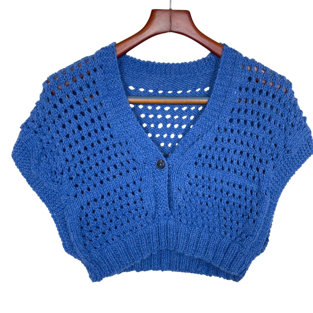 Handmade Womens Cardigan Sz M Crochet Cobalt Blue Twee Cottage Cropped Layering - Picture 2 of 7